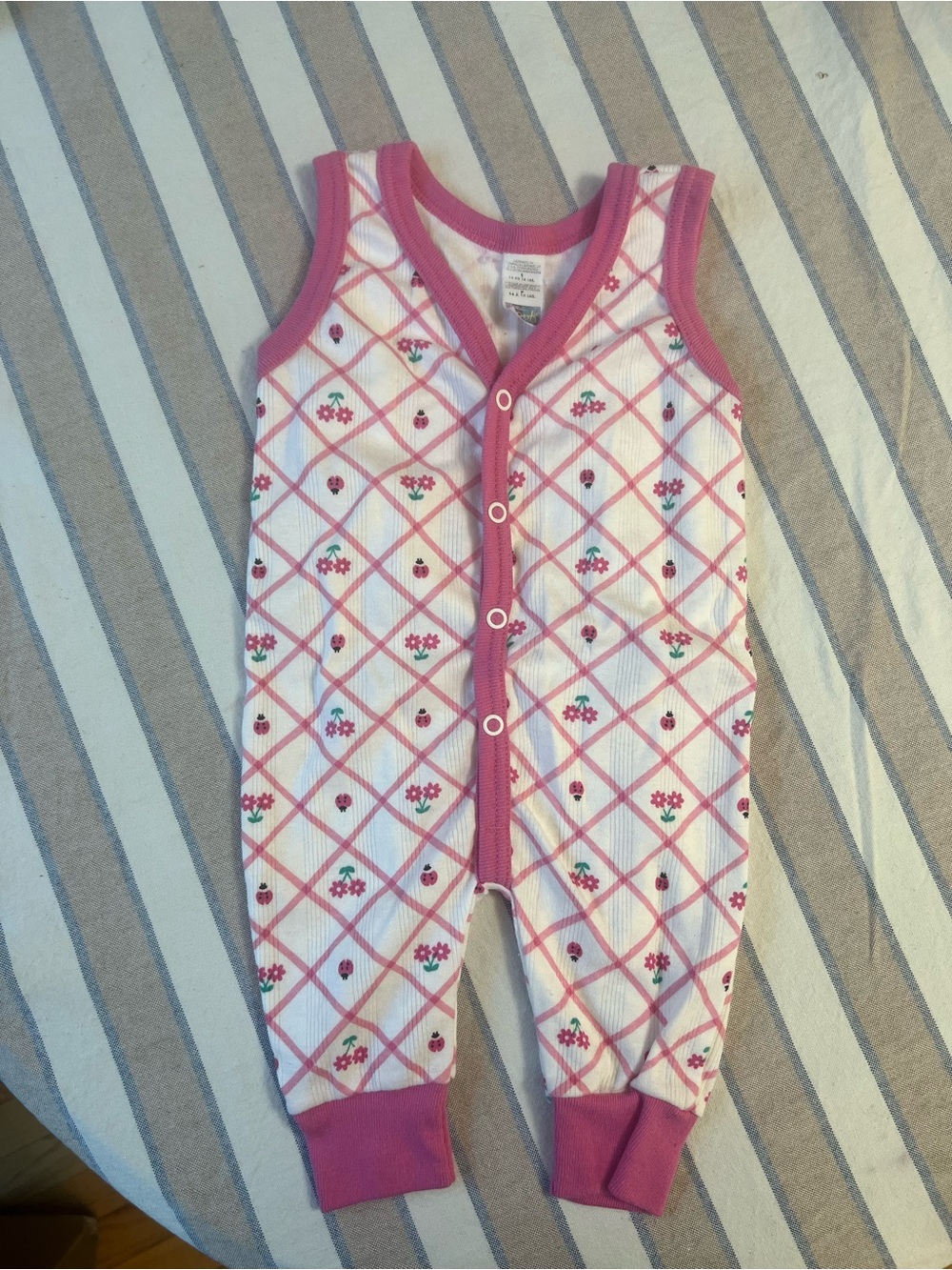 Vintage Pooh Pink Grid Floral Sleeveless Baby One-Piece Romper size S 14-18 lb